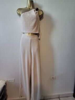 One-Shoulder Ribbed Wide-Leg  Two Piece Set in Cream